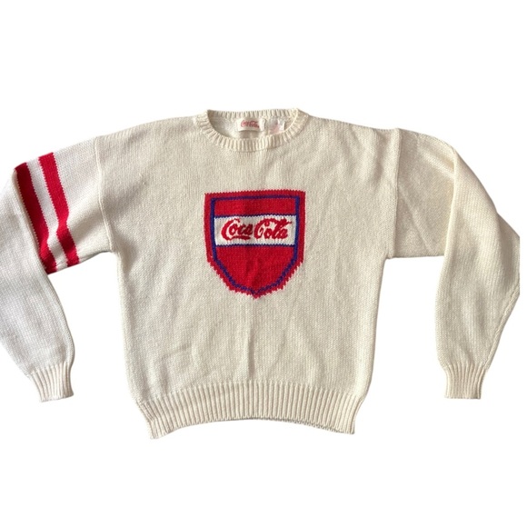 Vintage Coca Cola Knit Sweater Cream Intarsia Red Blue Logo Wool Blend 80s - Picture 6 of 11